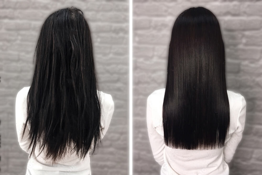 Before and After Bio-keratin hair treatment salon Toujours Belle in Montréal
